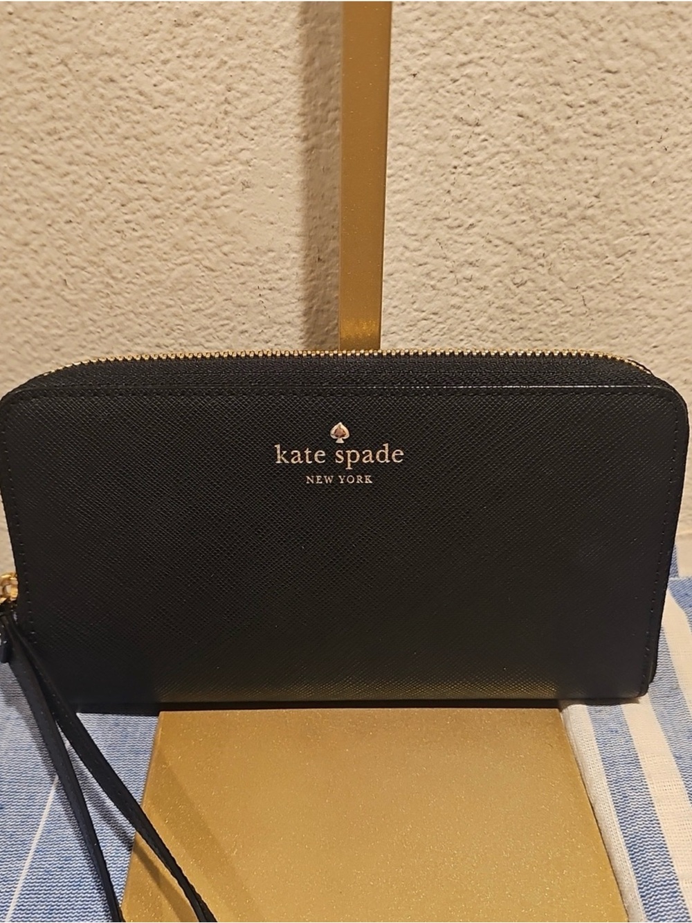kate spade Black Saffiano Zip Wristlet Wallet with Gold Logo